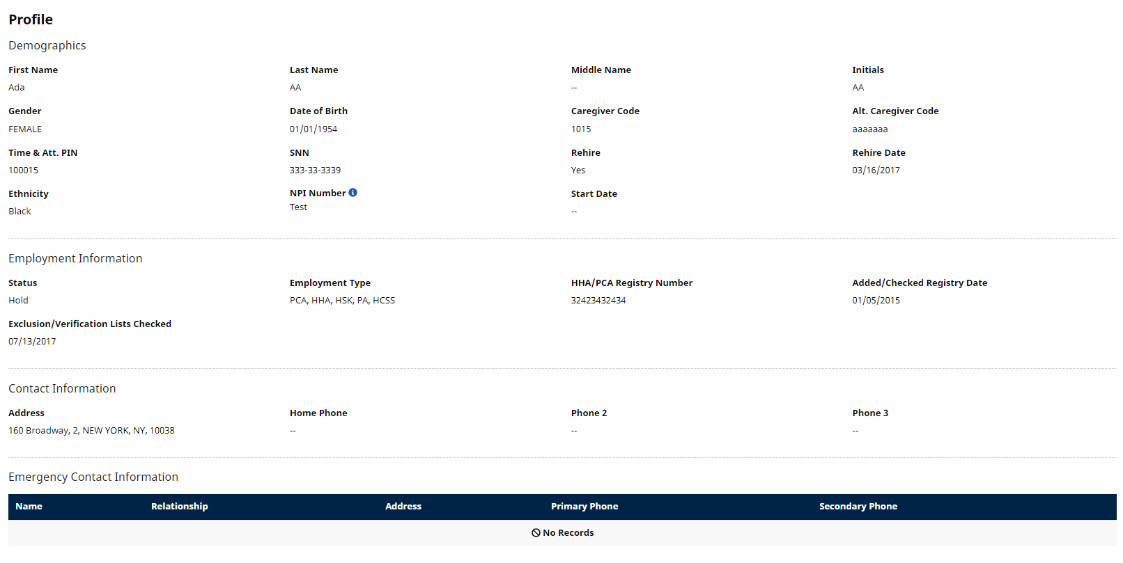 Caregiver Profile page with sample data shown