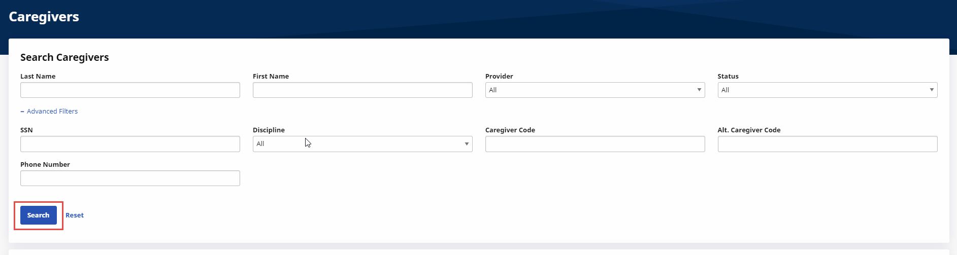 Search Caregivers page shown blank with Save button highlighted at lower left