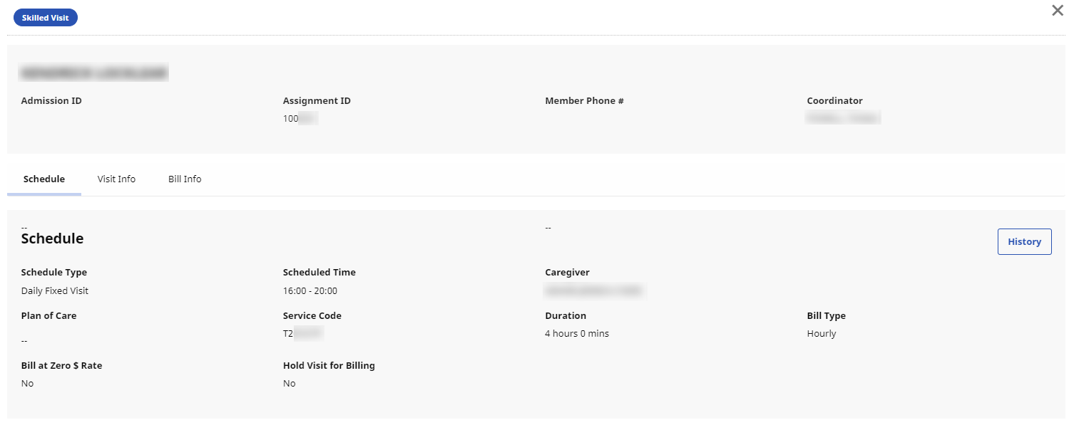 Caregiver - Visits detail showing Schedule tab
