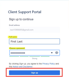 Image of the Client Support Portal Sign Up page with the Sign Up button highlioghted.