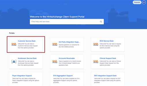 Image of the HHAeXchange Client Support Portal with the Customer Service Desk portal option highlighted .