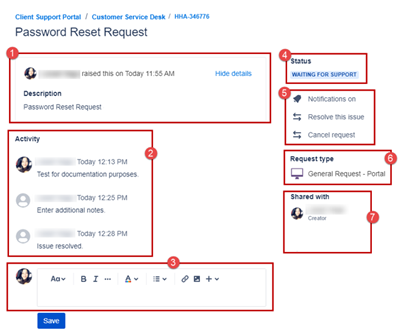 Sample image illustrates the Support Request, highlighting request sections by number.