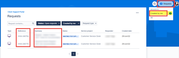 Image of the Requests page with the Requests icon and Created By Me highlighted.  Also highlights the Reference and Summary fields.