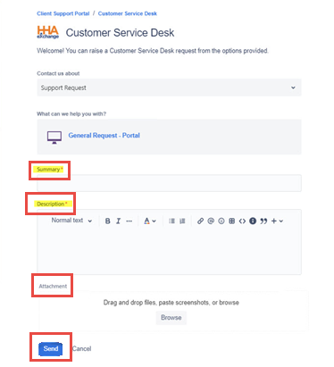 Image of the Customer Service Desk request form, with fields highlighted to complete and submit the request.