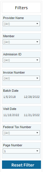 Filters Filters for the Invoice Search by Visit function