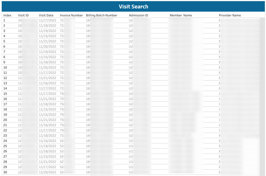 Invoice Search by Visit Results Invoice Search by Visit Results