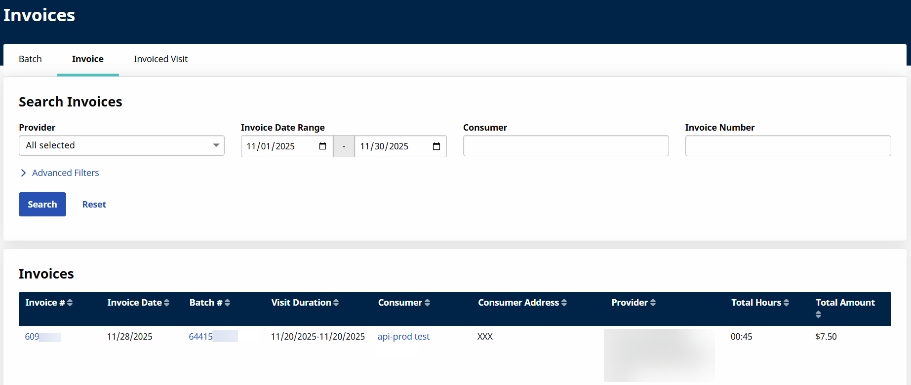 Payer Invoice Search Payer Invoice Search