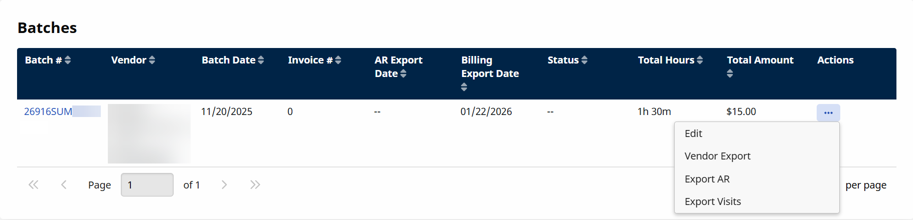 Payer Invoice Search Payer Invoice Search Batch Action Menu