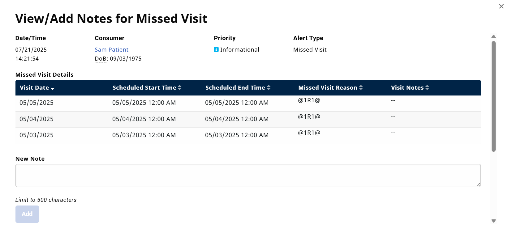 The View/Add Notes for Missed Visit Window The View/Add Notes for Missed Visit Window