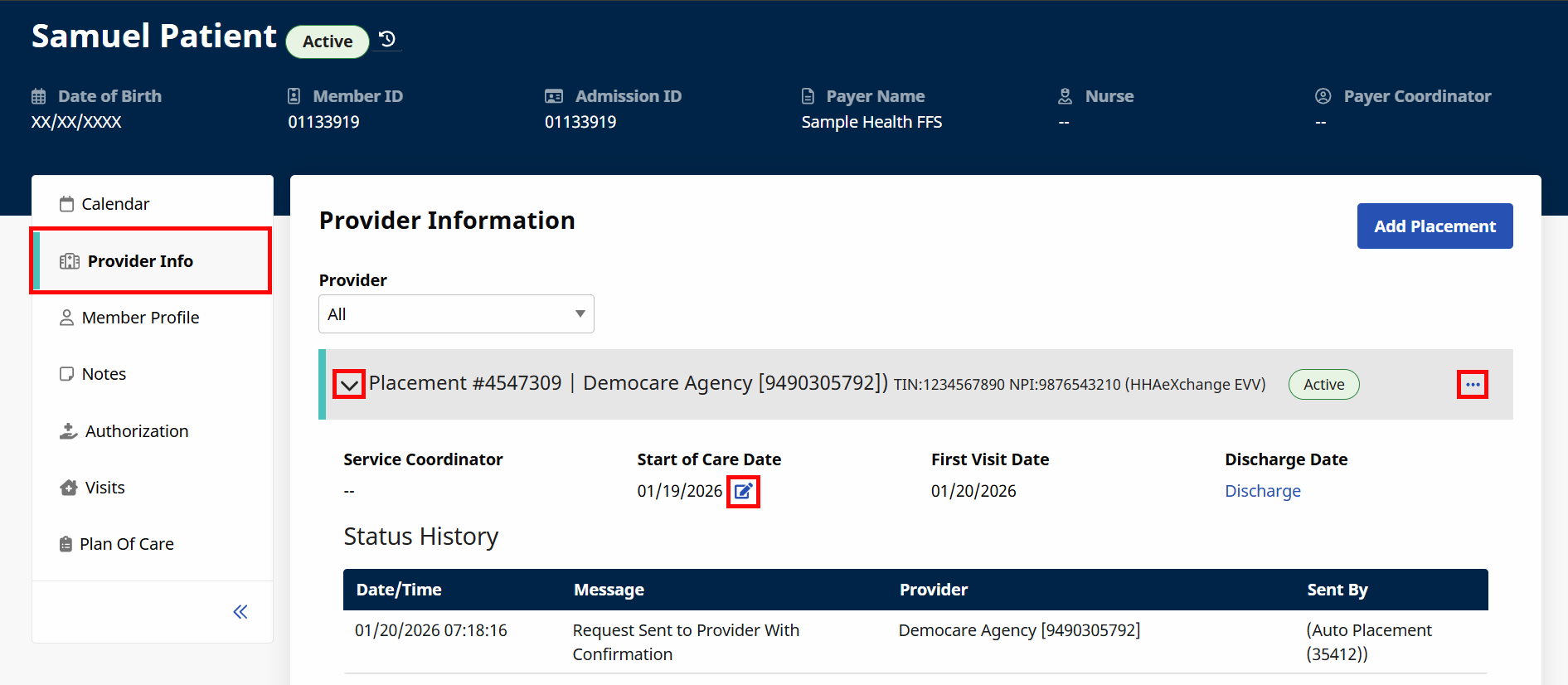 Provider Information Page Provider Information page with Provider Info tab circled in navigation links at left. Attention is directed to 1) Drop-Down list for more information, 2) Status History, 3) ellisis (...) menu for Actions, 4) Start of Care Date, and 5) Discharge Date