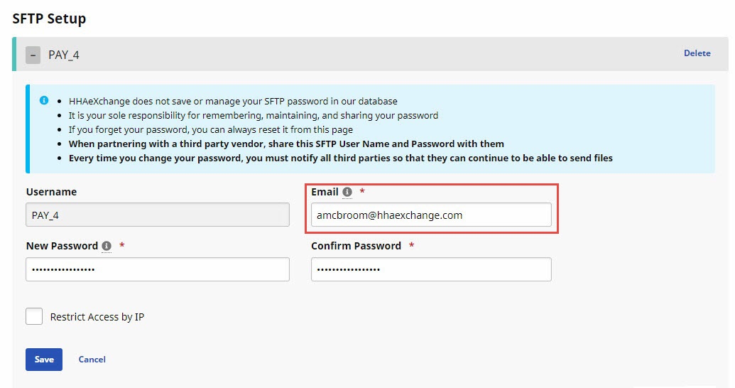 Partial image of SFTP Setup tab showing one sample user expanded and the Email field highlighted