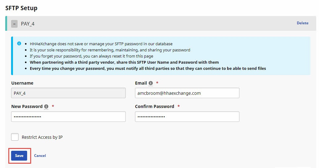 Partial image of SFTP Setup tab showing one sample user expanded and the Save button highlighted at lower left