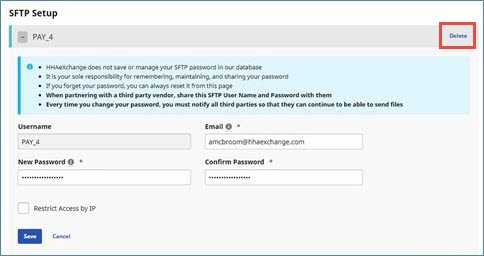 Partial image of SFTP Setup tab showing one sample user expanded and the Delete button highlighted at right