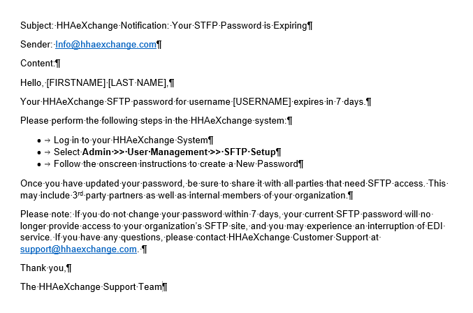 Sample content of SFTP Password Expiration Email