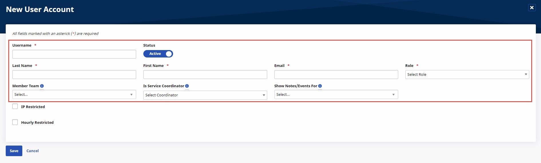 New User Account page displayed blank with basic info fields highighted