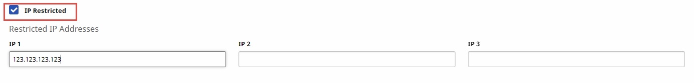 IP Restrictions section displayed with IP Restricted checkbox selected and highlighted. Sample IP address displayed in IP1 field.