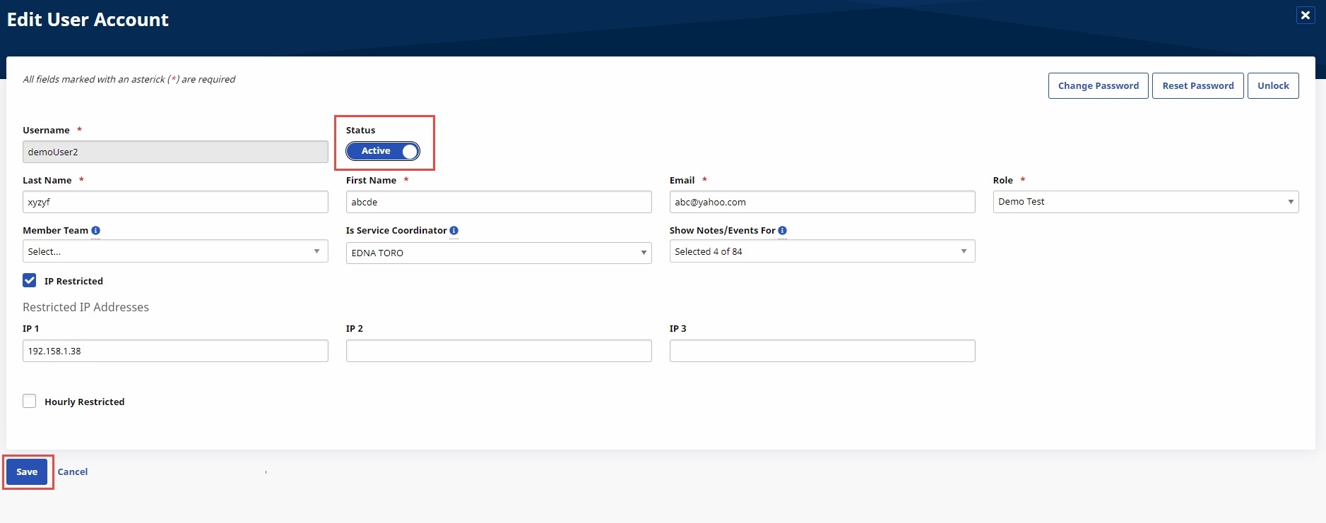 Edit User Account page with Status field and Save button highlighted