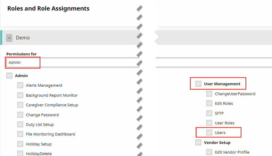 Partial image of the Roles and Role Assignments tab showing Permissions for (Admin) field, User Management section checkbox, and Users checkbox highlighted