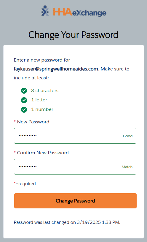 Password change screen Password change screen