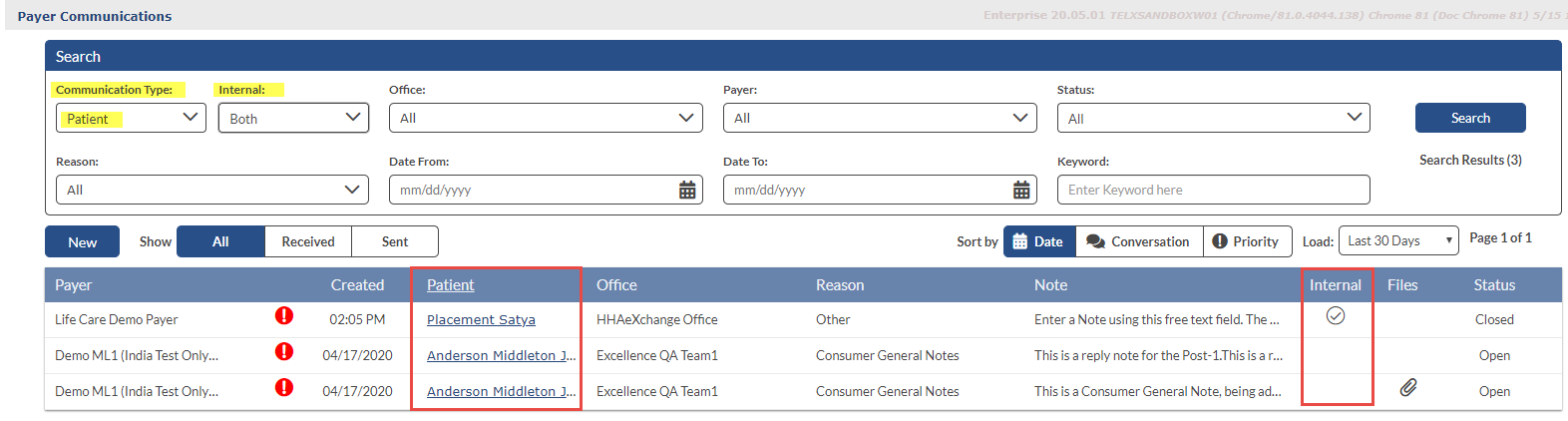 Message Center: Patient Internal Notes