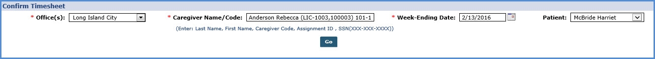 Confirm Timesheet Search Fields