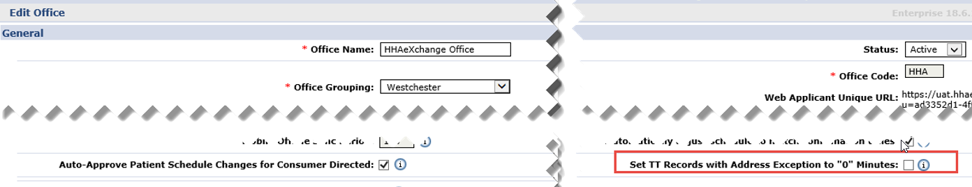 This images shows the Set TT Records with Address Exception to 0 Minutes in the Edit Office page.