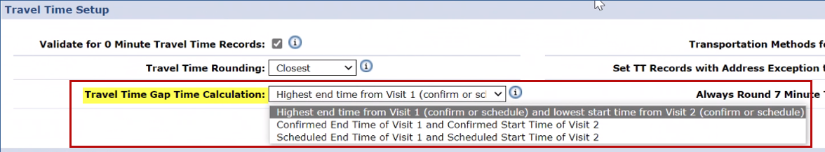 This image shows the opened Travel Time Gap Time Calculation field with options.