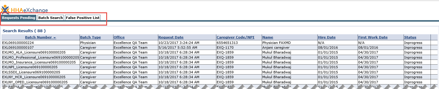 Exclusion/Verification Lists: Request Pending Tab