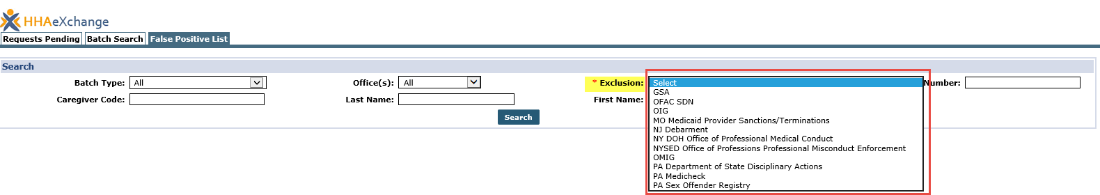 False Positive Tab: Exclusion List Search