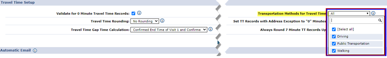 This image shows the selected Transportaon Methods for Travel Time.