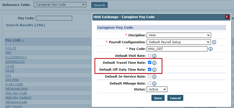 This image shows the selected Default Off Duty Time Rate checkbox in the Caregiver Pay Code window.