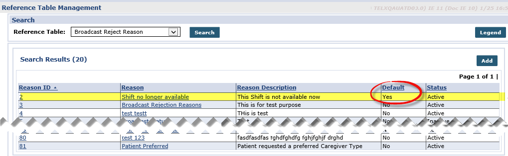 Reference Table Management: Broadcast Reject Reason