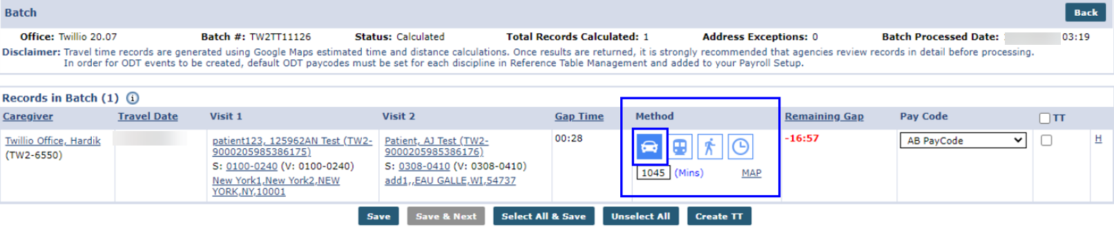 This image shows the selected Caregiver's preferred Travel Time Method on a batch entry.