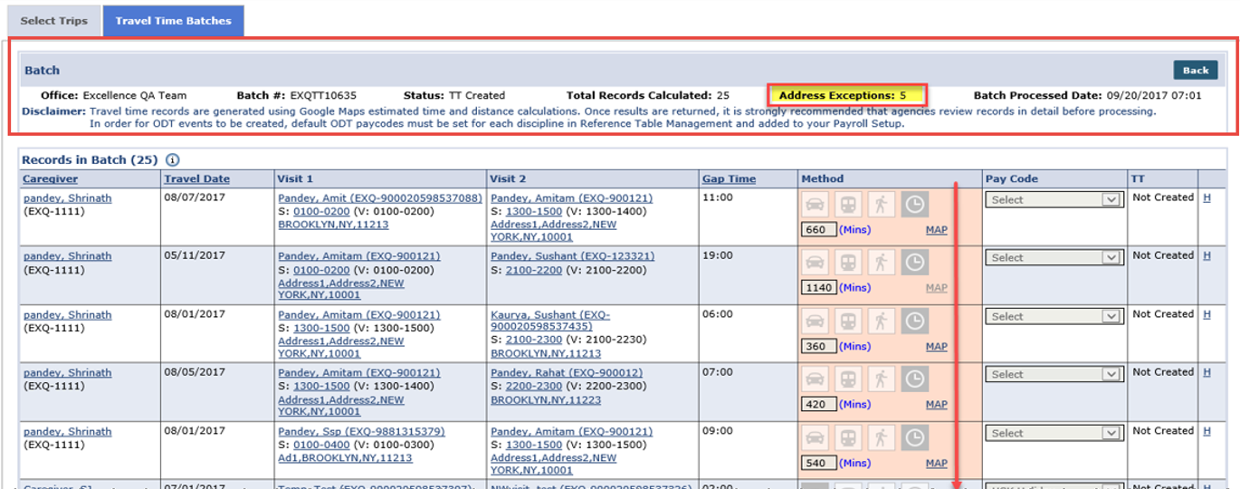 This image shows the Address Exception summary at the top of the batch page.