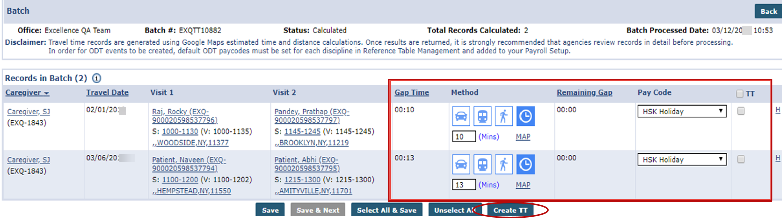 This image shows the Gap Time, Method icons and selected Pay Codes for a TT.