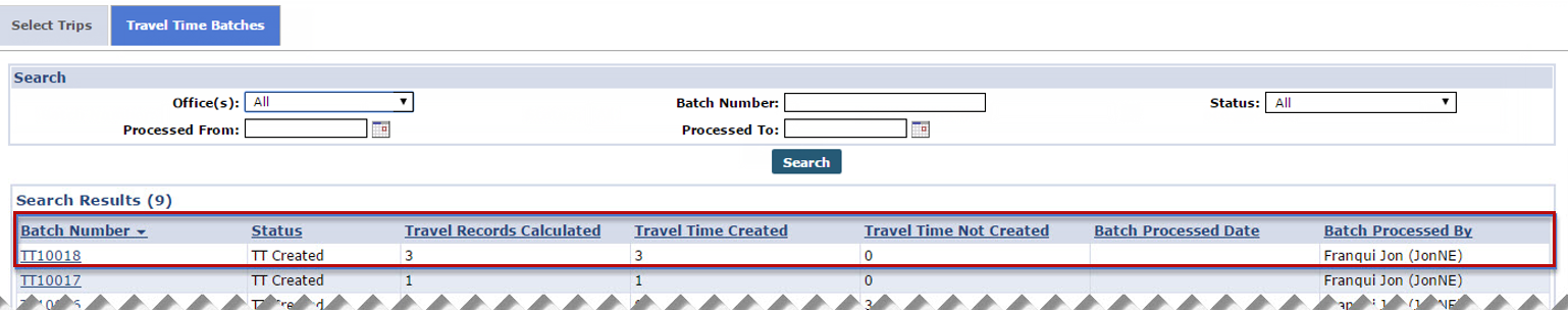 This image shows the created Travel Time batch.