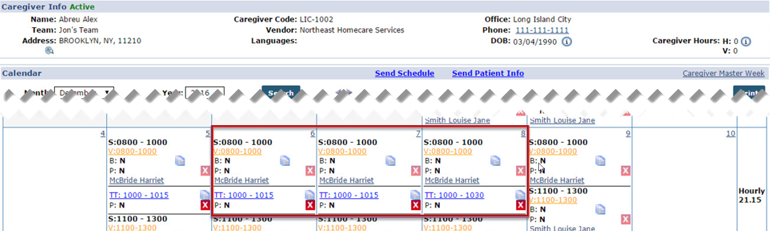 This image shows the recorded TT on a Caregiver's calendar.