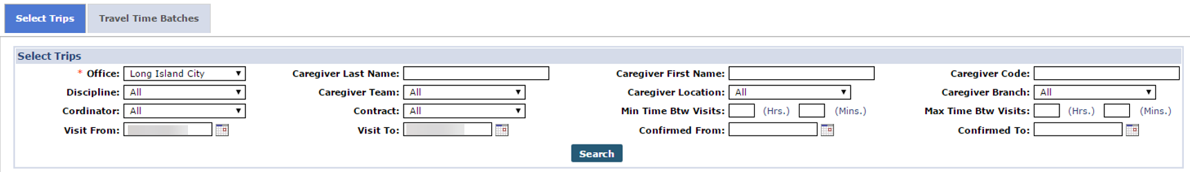 This image displays the Travel Time page and search filter fields.