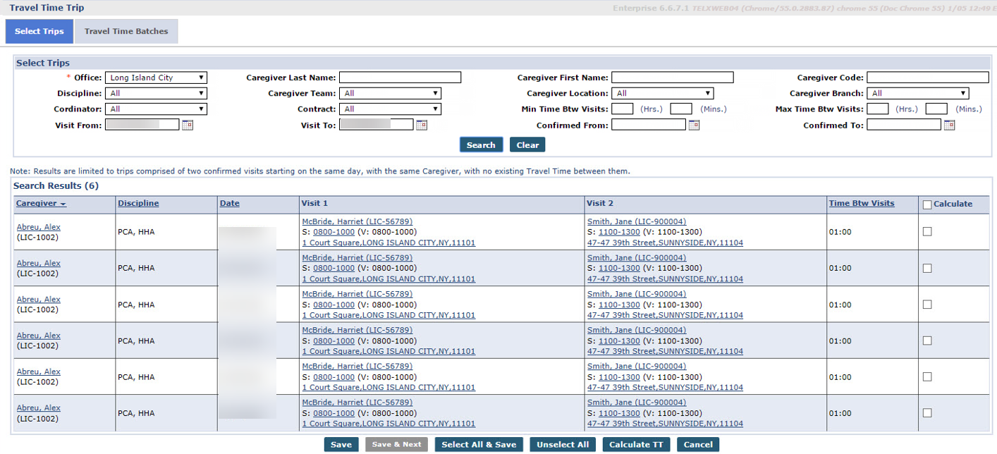 This image displays the Travel Time Select Trips tab and search results.