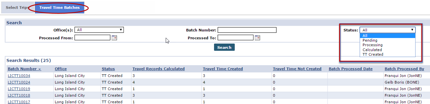 This image shows the Travel Time Batches page highlighting the Status field with open options.