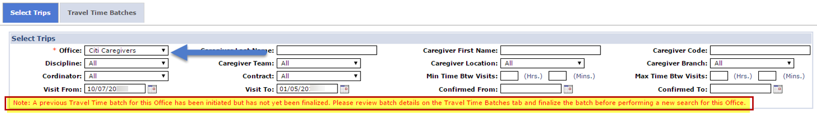 This image displays a validation note stating that a previous TT batch is not yet finalized, not allowing an additional batch.