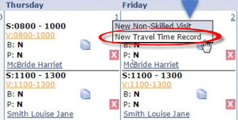 This image shows the New Travel Time Record option highlighted on the Caregiver Calendar.