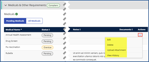 Applicant Medicals & Other Requirements: Actions Column