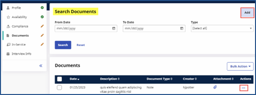 Applicant Search Documents Page