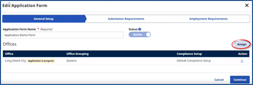 Create New Application Form Window: General Setup Section