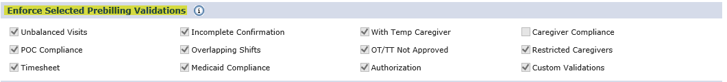 Enforce Selected Prebilling Validations Section