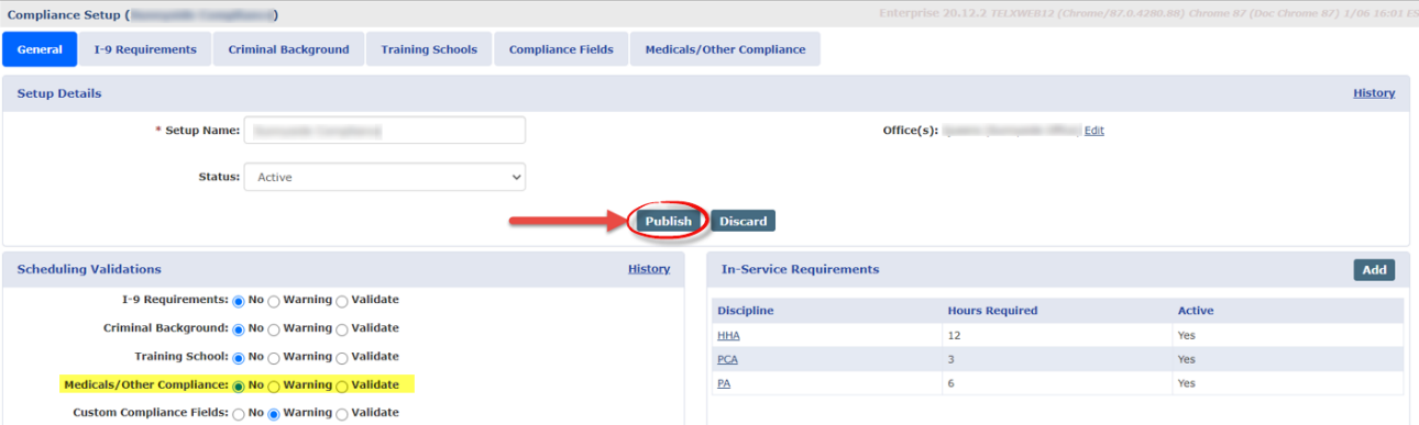 Publish the Compliance Setup Update