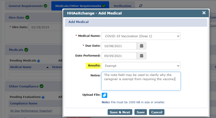 Add Medical: Exempt Result