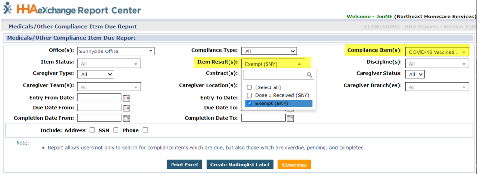 Medicals/Other Compliance Item Due Report