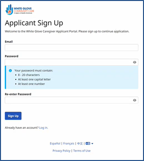 Caregiver Applicant Portal: Applicant Sign Up